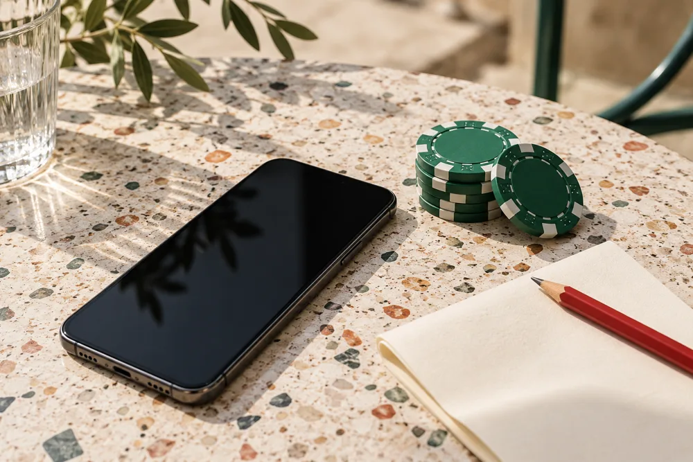 Telefono senza schermata, appunti e fiches su terrazzo chiaro